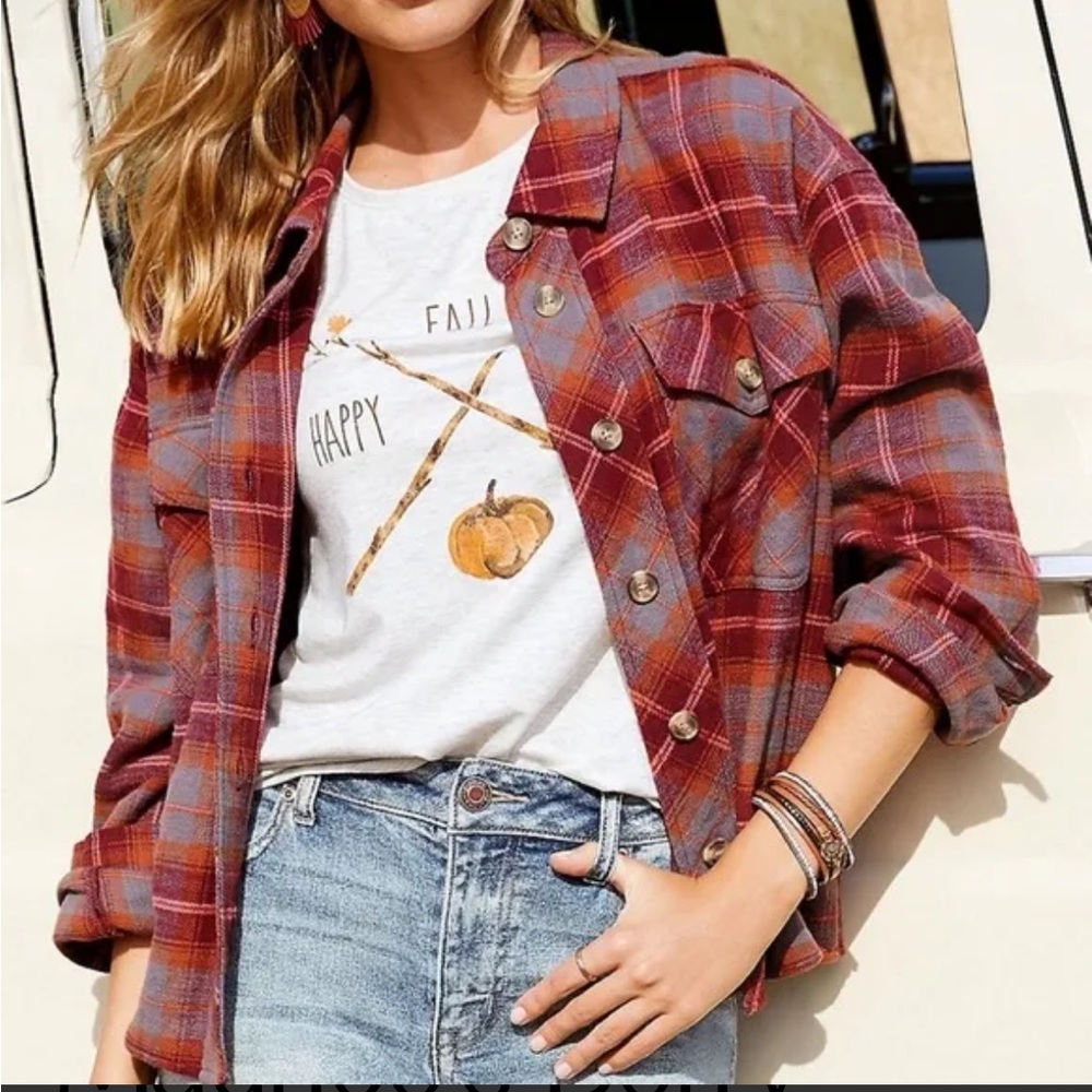 Maurices Red Plaid Button-Down Shirt Jacket